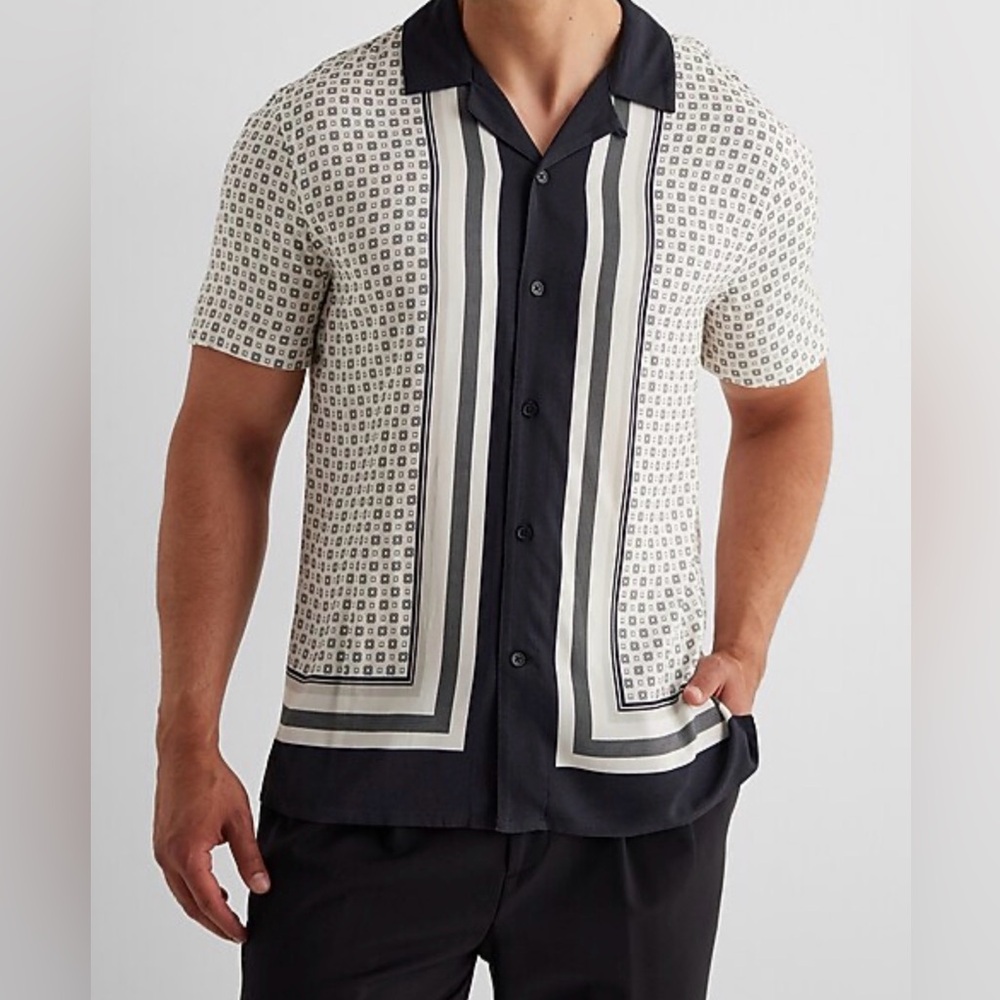 Express Black and Cream Geometric Button Down Shirt